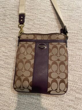 Coach Small Signature Crossbody in Brown and Cream with Dark Brown Trim